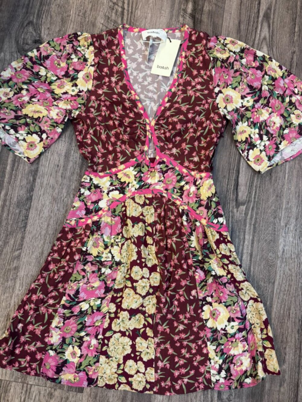 NWT ba&sh Indrea Dress Bordeaux Floral Size 2 French Designer Boho Mini